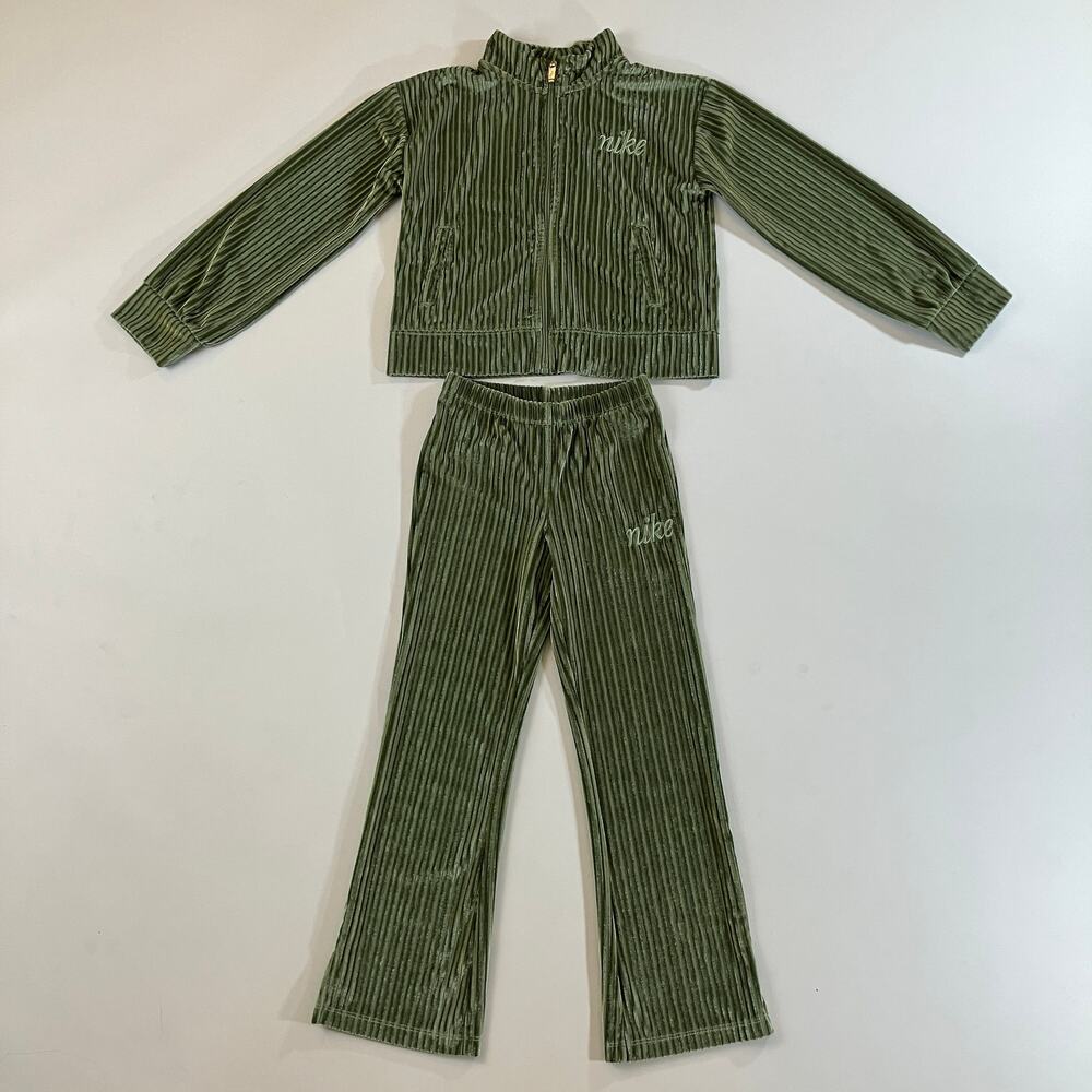 Nike Girls 6X Olive Green Ribbed Velour Tracksuit 2 Piece Zip Jacket Pants Set